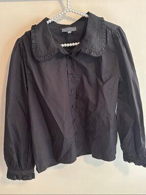 NEW Hudson Gray Black Ruffle Collar Button-Up Blouse xl